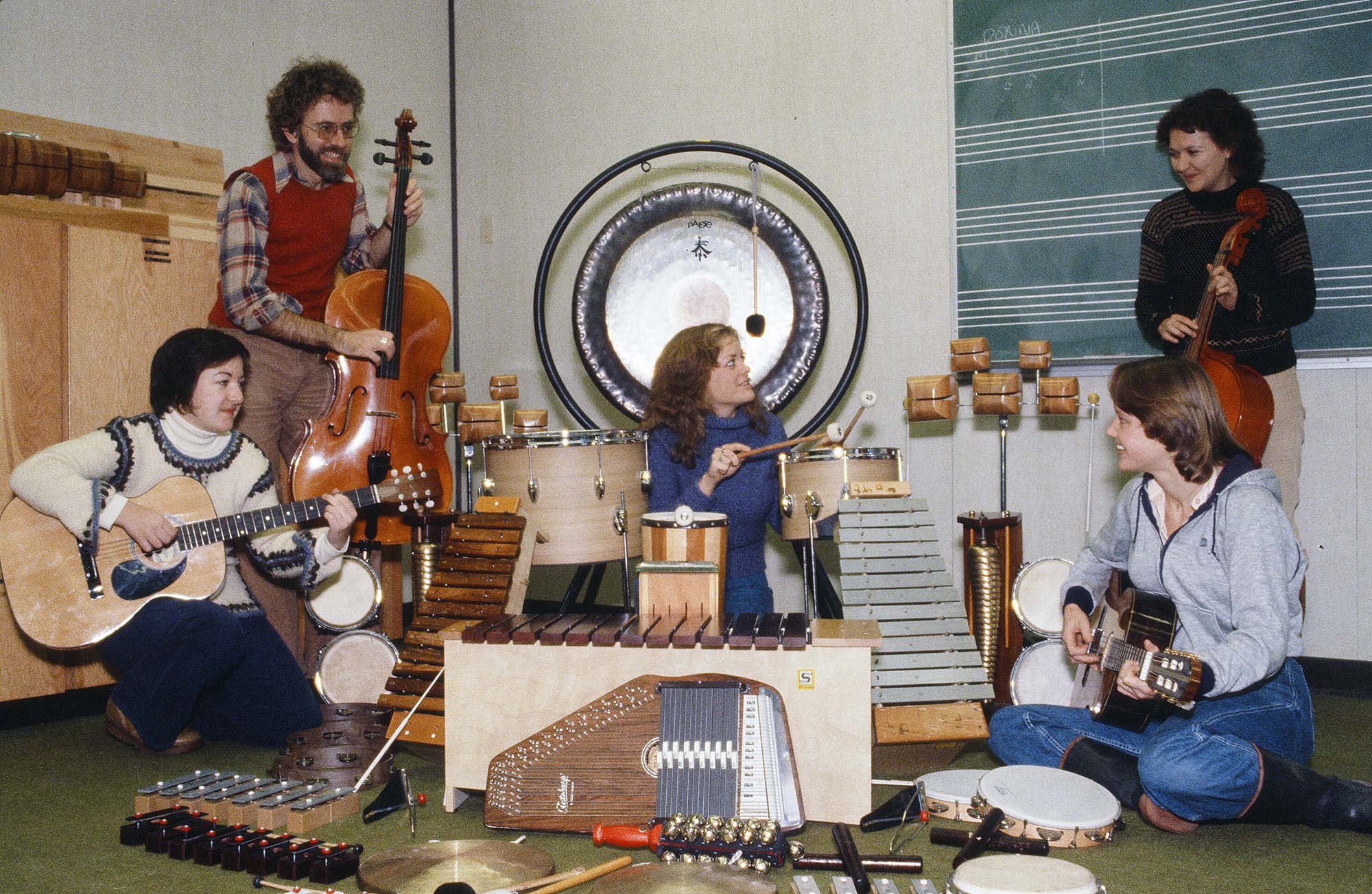 Music therapy students playing instruments, 1979